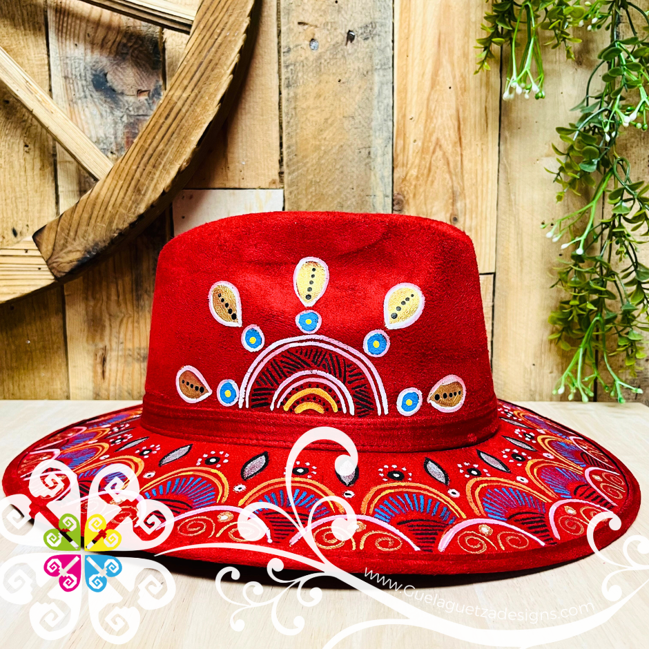 Wine Red Indiana Mitla Velvet Hat - Hand Painted Hat