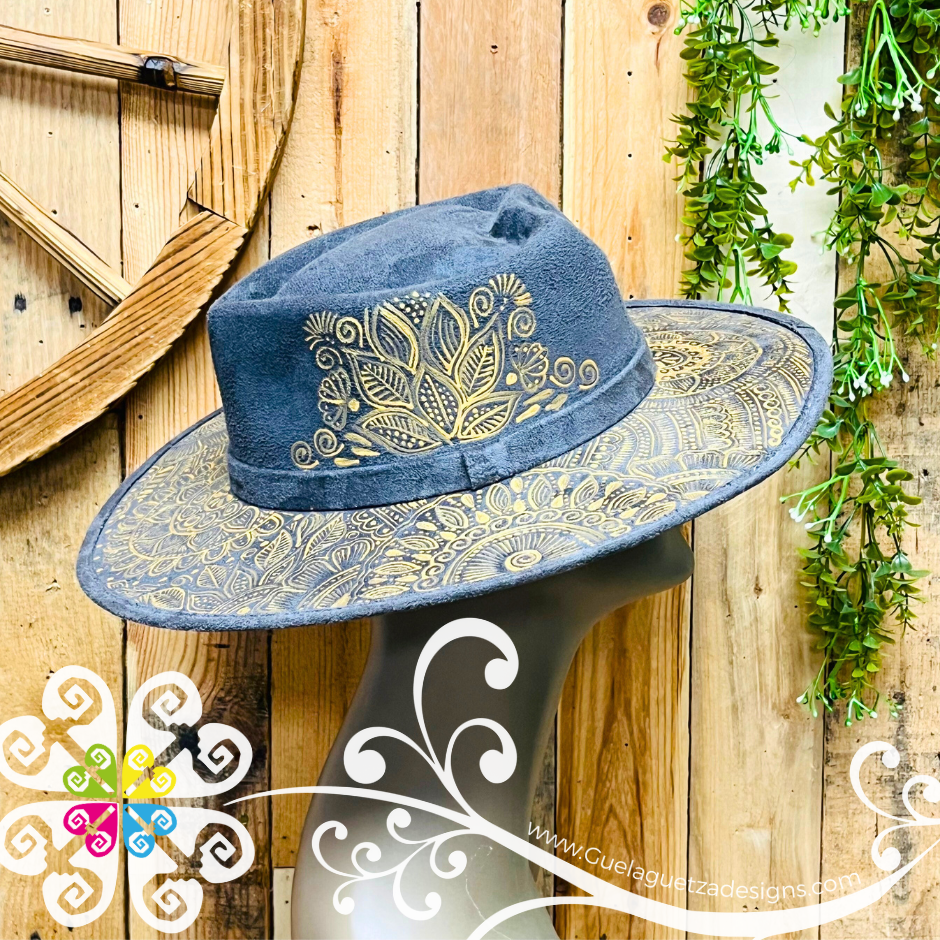 Dark Gray Heart Mitla Velvet Hat - Hand Painted Hat