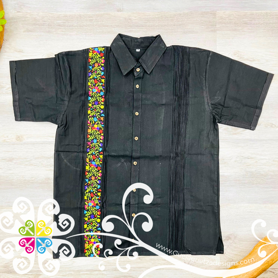 Navy Blue Vine Flowers - Embroider Men Shirt