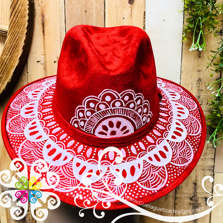 Wine Red Indiana Mitla Velvet Hat - Hand Painted Hat