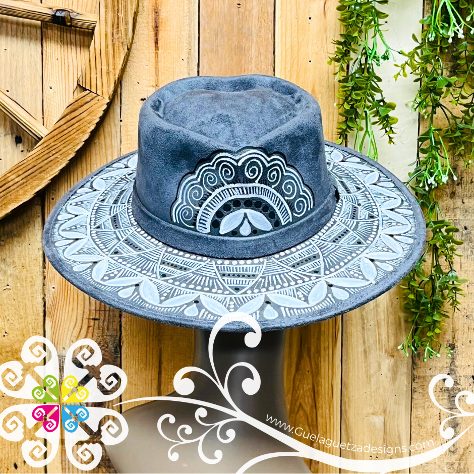 Dark Gray Heart Mitla Velvet Hat - Hand Painted Hat