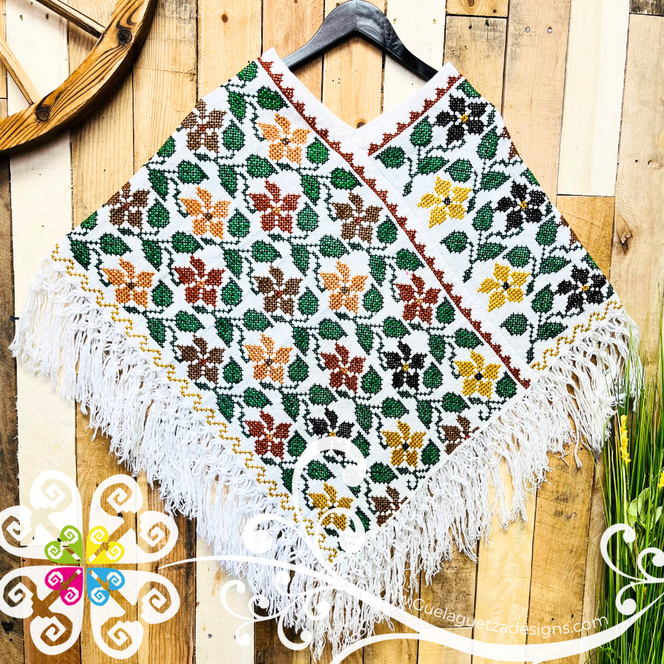 White Floral Design Embroider Poncho - Mañanita