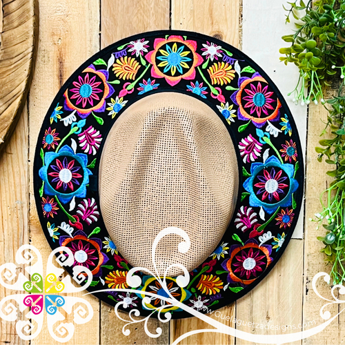 Beige Embroider Summer Hat - Black Floral Rim