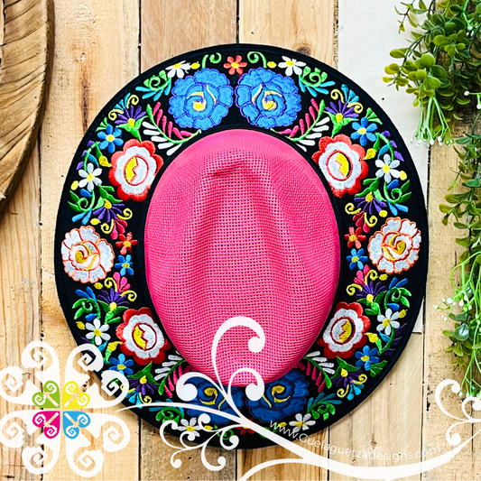 Fuchsia Embroider Summer Hat - Black Floral Rim