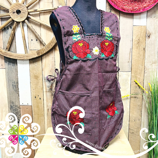 Maroon with Roses Escapulario Embroider Apron - Mandil Artesanal