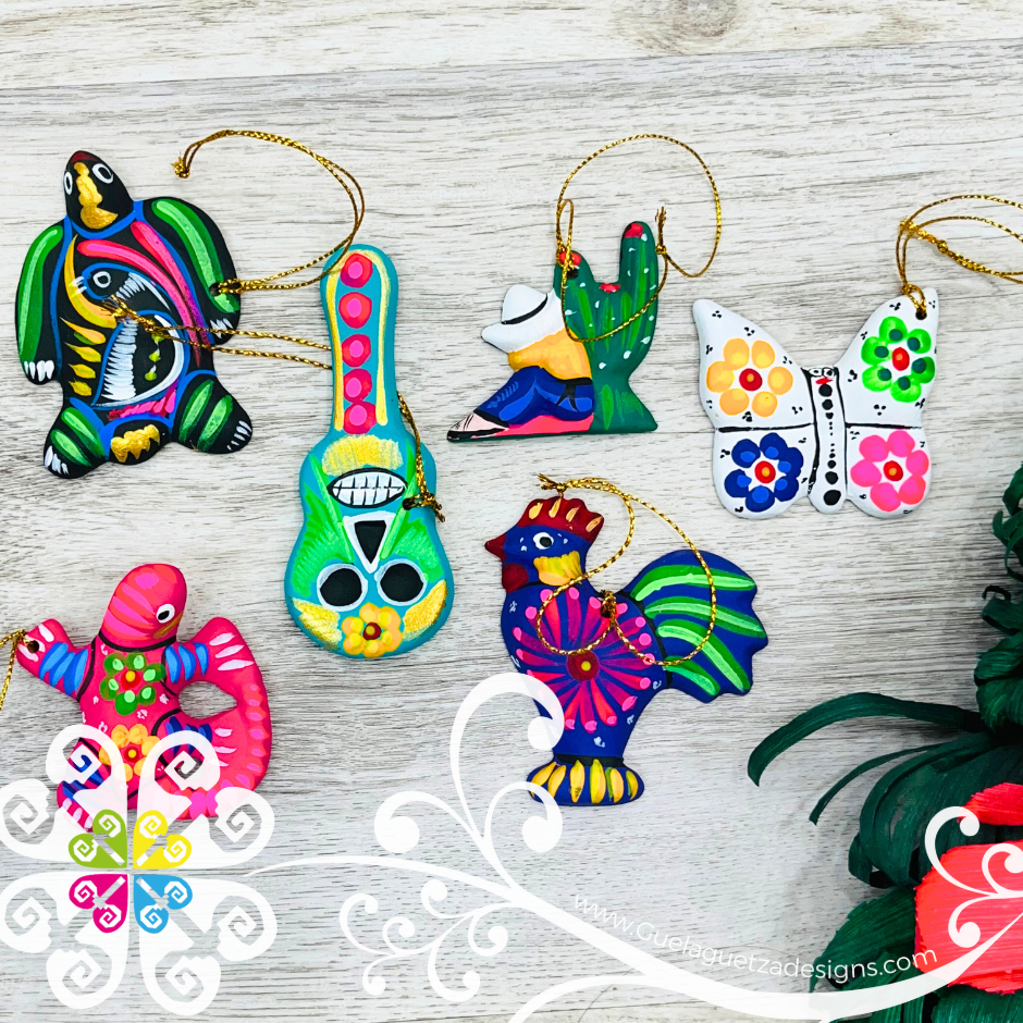 Set of 6 Clay Mexican Ornaments - Hand Painted Ornaments