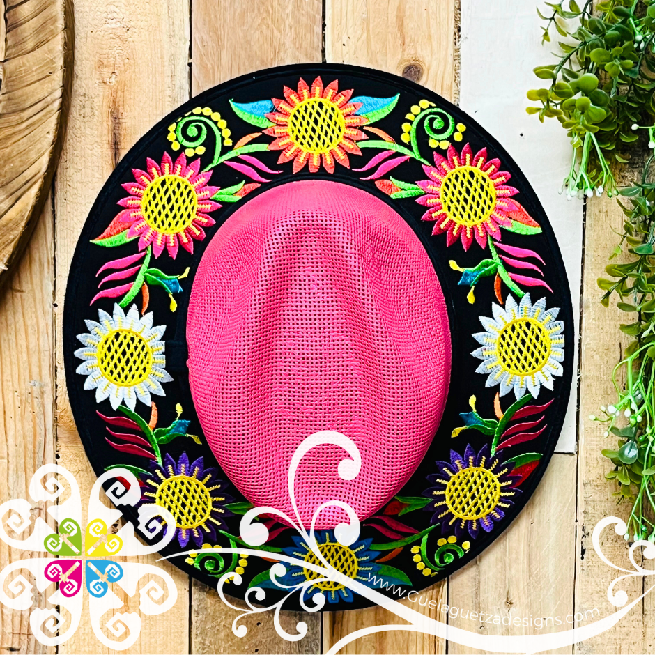 Fuchsia Embroider Summer Hat - Black Floral Rim