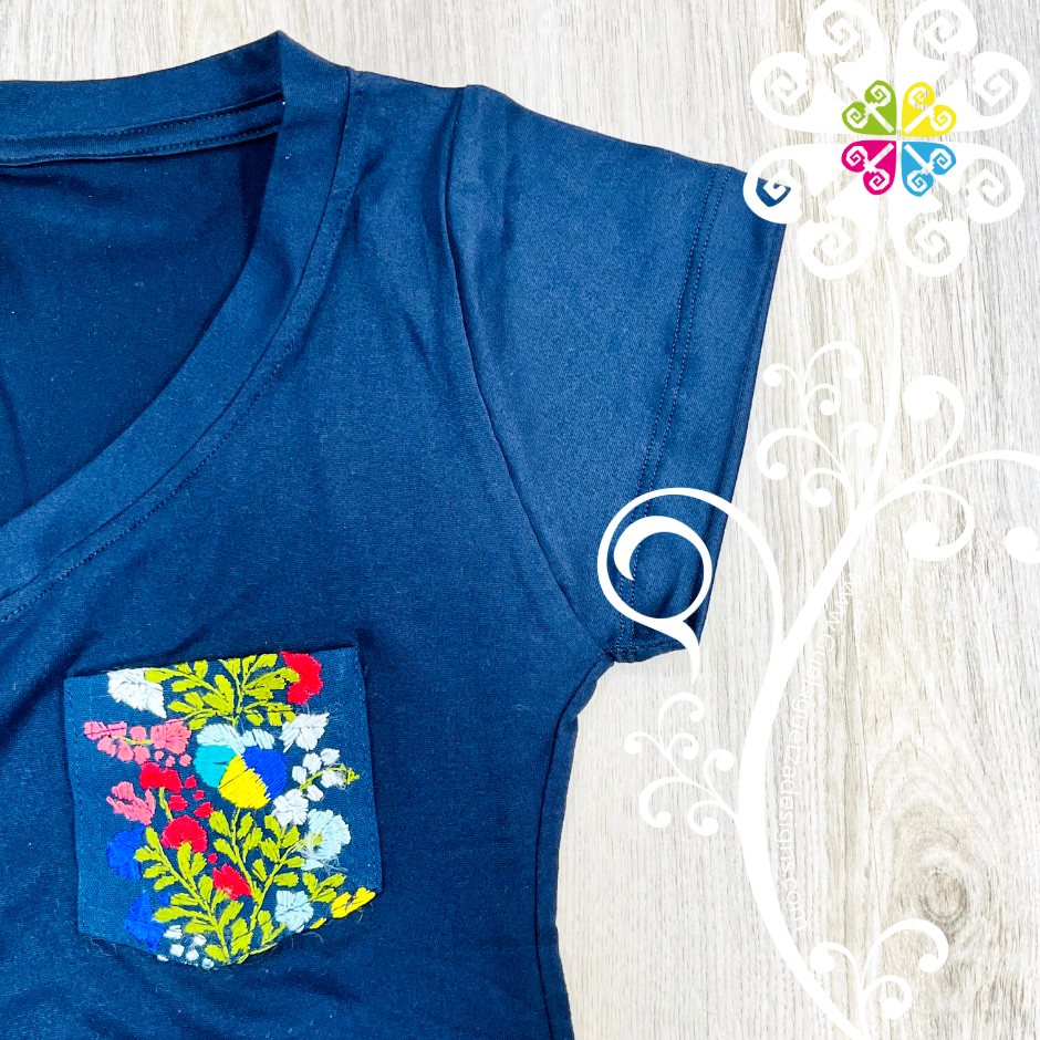 Navy Blue Embroider Women Tee - Pocket Embroider