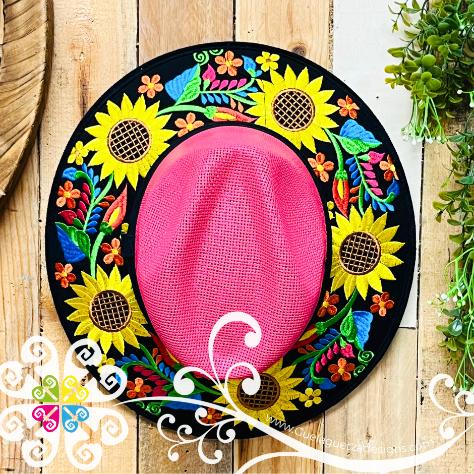 Fuchsia Embroider Summer Hat - Black Floral Rim