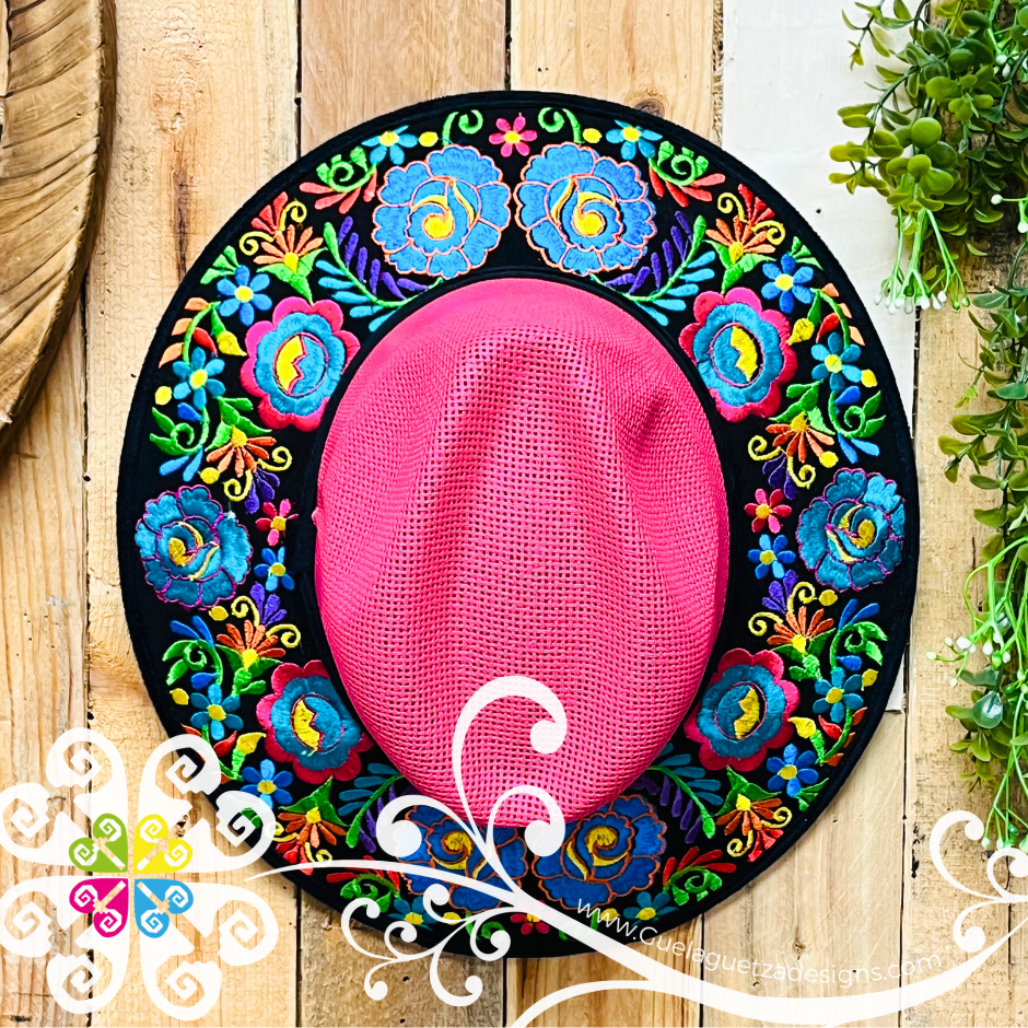 Fuchsia Embroider Summer Hat - Black Floral Rim