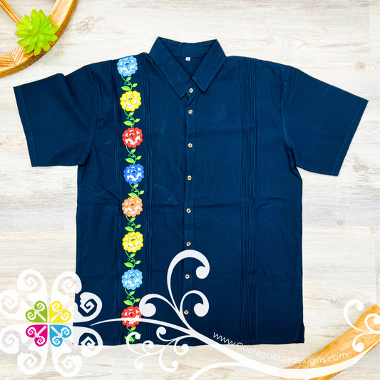 Navy Blue Tehuana Flowers - Embroider Men Shirt