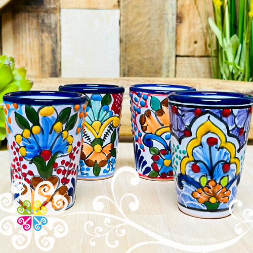 Set of 4 Floral Talavera Tequilero - Blue Feathers