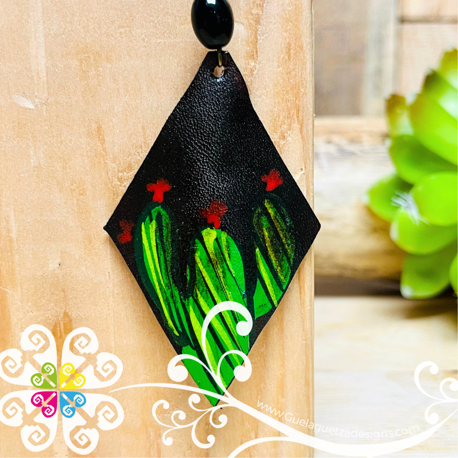 Rhombus Hand Painted - Artisan Leather Earrings