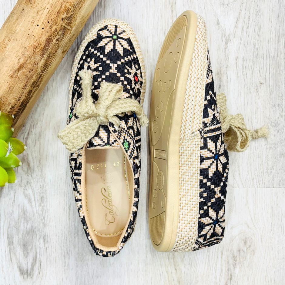 Black and Beige Shapes Burlap Artisan Sneakers - Women Shoes ...