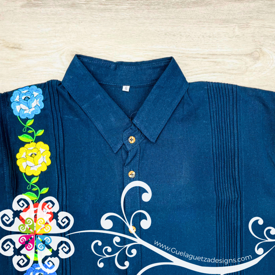 Navy Blue Tehuana Flowers - Embroider Men Shirt