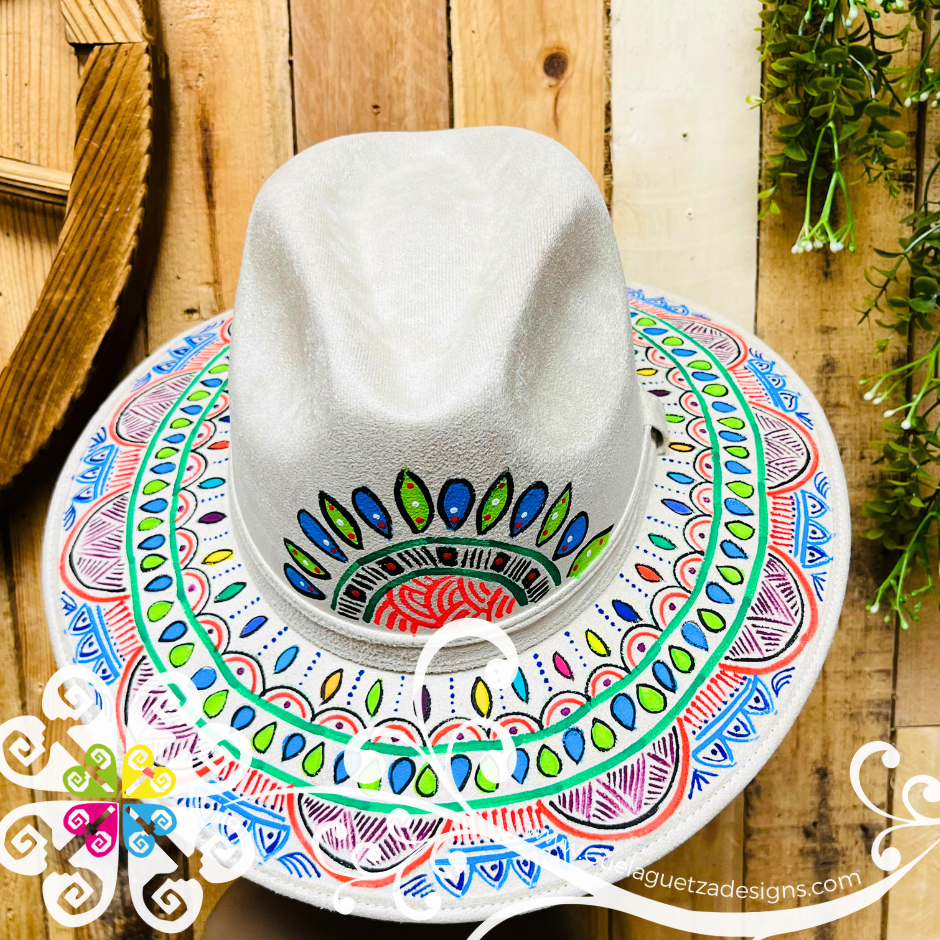 Beige Indiana Mitla Velvet Hat - Hand Painted Hat