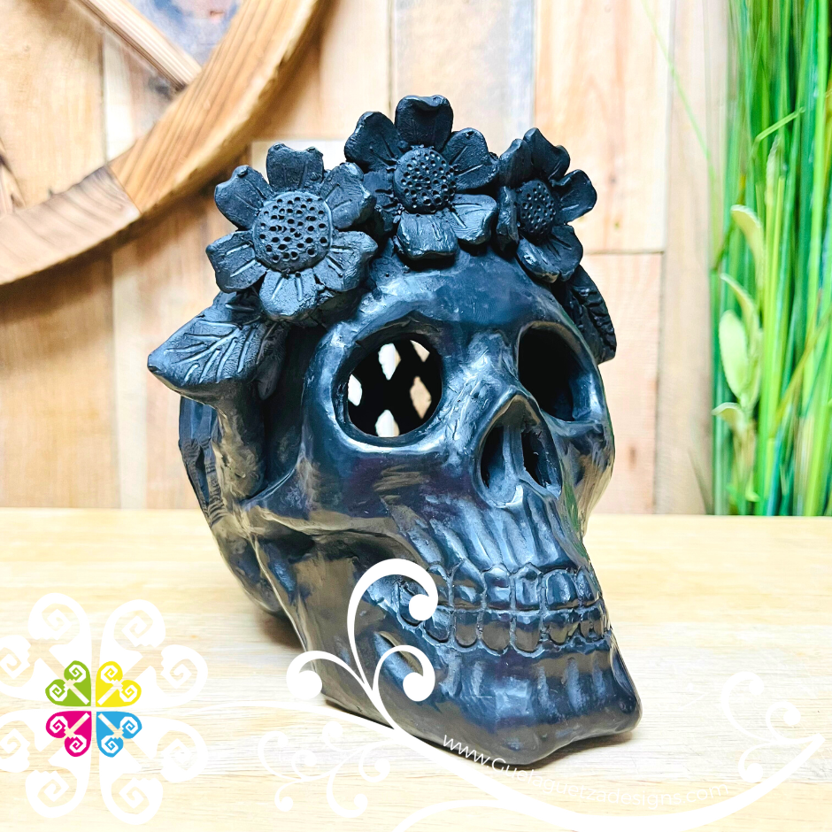 Medium Frida Skull  - Black Clay Oaxaca