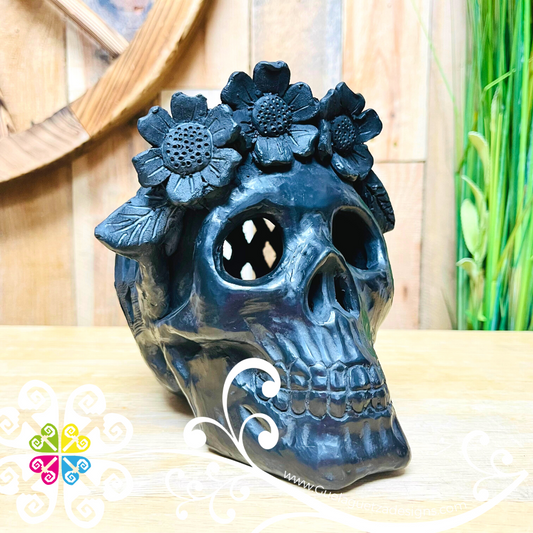 Medium Frida Skull  - Black Clay Oaxaca