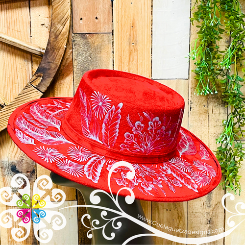 Red Oval Mitla Velvet Hat - Hand Painted Hat