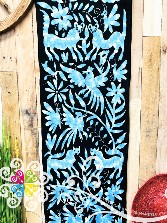 Large Black and Blue Otomi Table Runner - Camino de Tenango