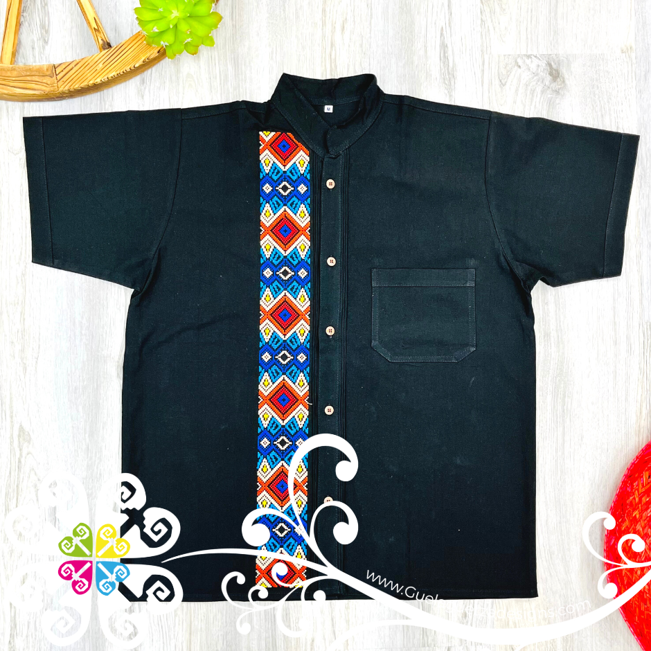 Black Rhombus Stripe Shirt - Embroider Men Shirt – Guelaguetza Designs