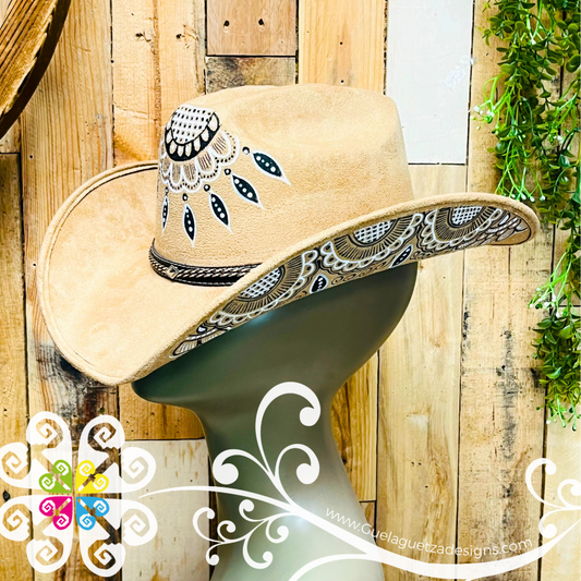 Tan Mitla Cowboy Velvet Hat - Hand Painted Hat