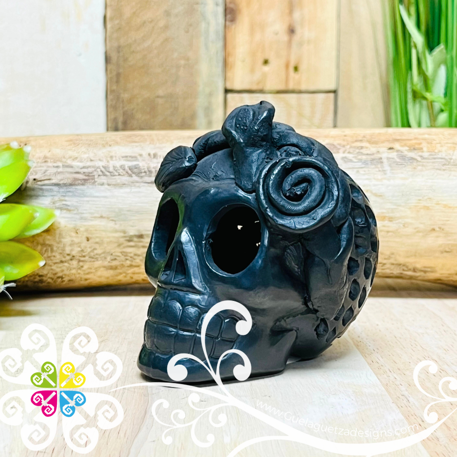 Small Frida Black Clay Skull - Barro Negro Oaxaca