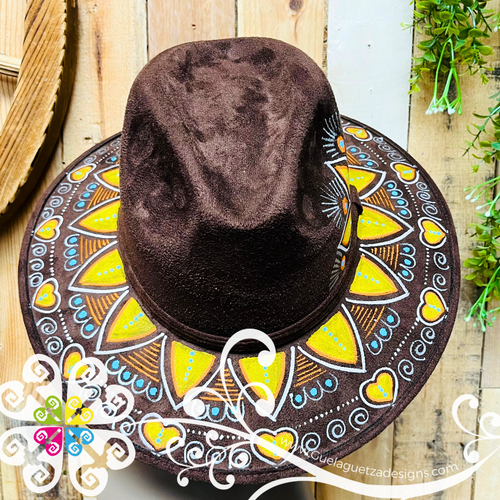 Dark Brown Indiana Mitla Velvet Hat - Hand Painted Hat