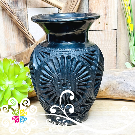 Large Trumpet Black Clay Vase - Barro Negro Oaxaca