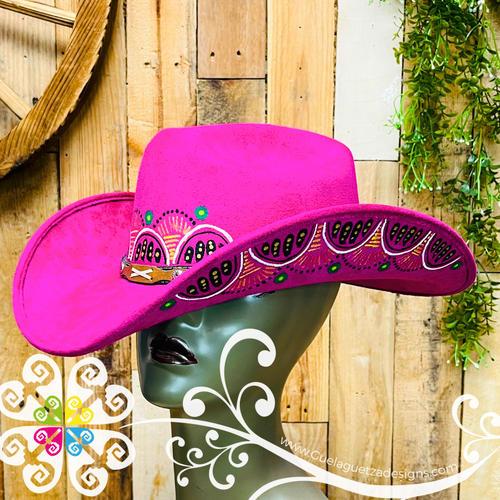 Fuchsia Mitla Cowboy Velvet Hat - Hand Painted Hat