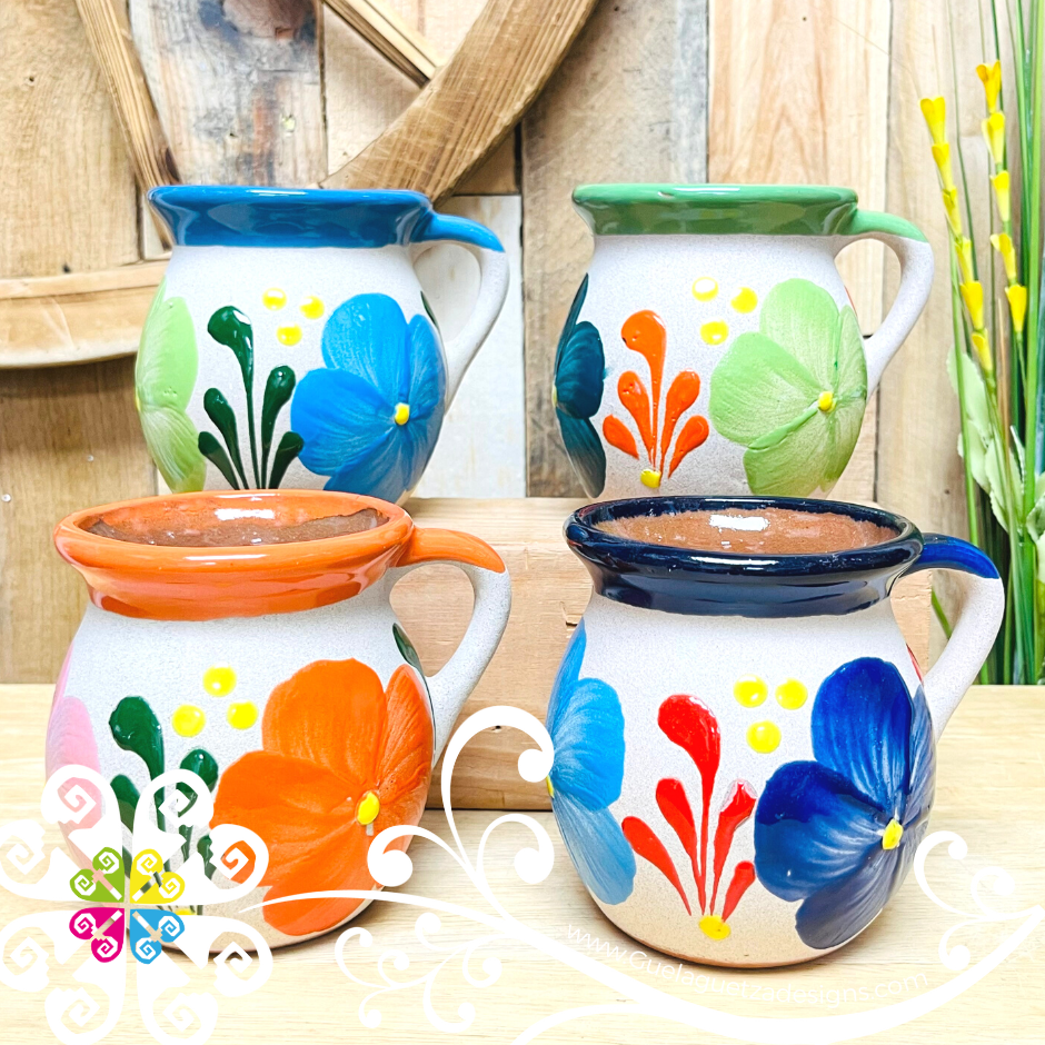 Set of 4 Flower Decorated Mexican Clay Mugs -  Set Taza Barro