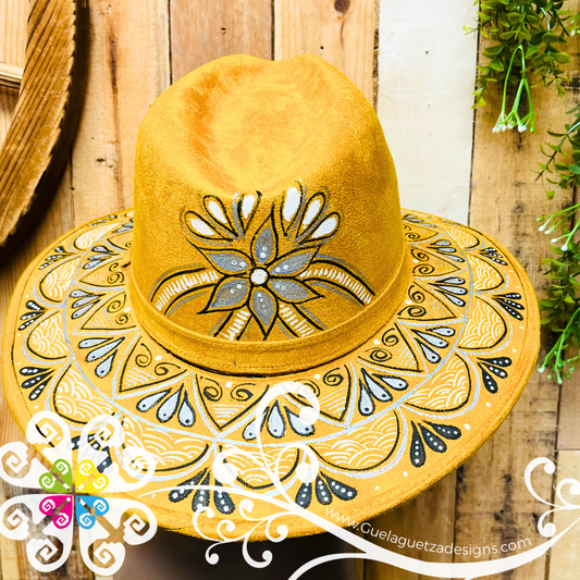 Mustard Indiana Mitla Velvet Hat - Hand Painted Hat