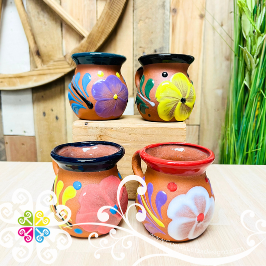 Set of 4 Small Natural Mexican Flower Clay Mugs -  Set Taza Barro