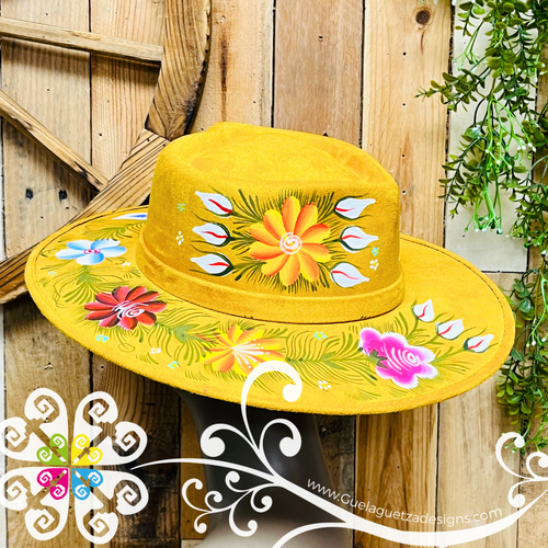 Mustard Heart Mitla Velvet Hat - Hand Painted Hat