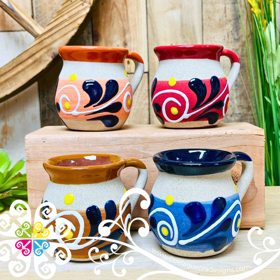 Set of 4 Small Mexican Feather Clay Mugs - Set Taza Barro