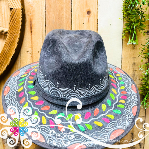 Dark Gray Indiana Mitla Velvet Hat - Hand Painted Hat