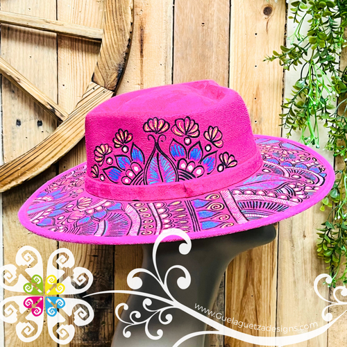 Fuchsia Heart Mitla Velvet Hat - Hand Painted Hat