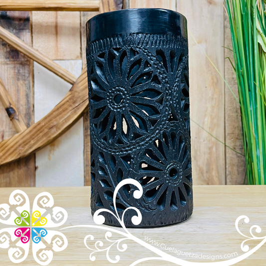 Medium Cylinder Clay Candle Holder - Barro Negro Oaxaca