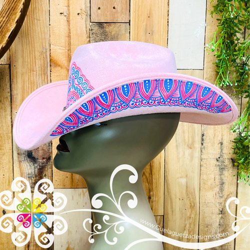 Pink Mitla Cowboy Velvet Hat - Hand Painted Hat