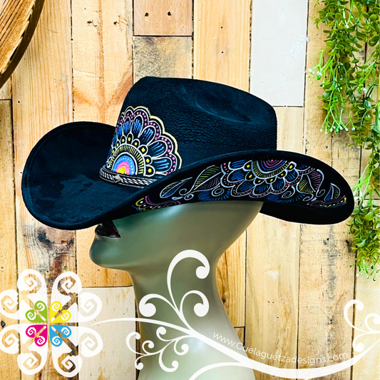 Black Mitla Cowboy Velvet Hat - Hand Painted Hat