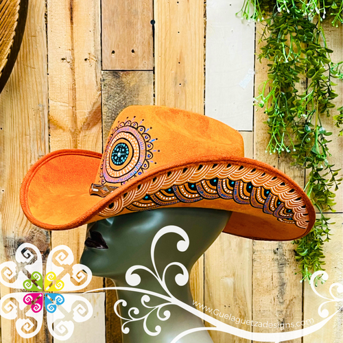 Bright Orange Mitla Cowboy Velvet Hat - Hand Painted Hat