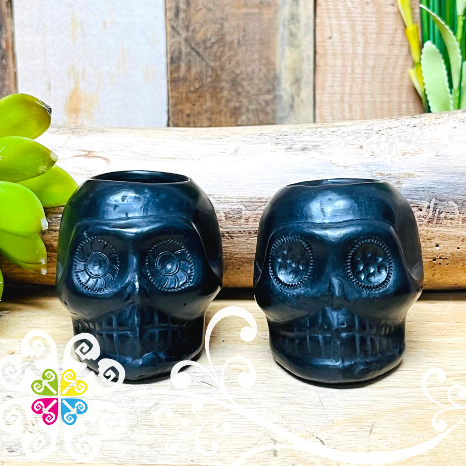 Set of 2 Calaverita Black Clay Shot- Tequilero - Barro Negro Oaxaca