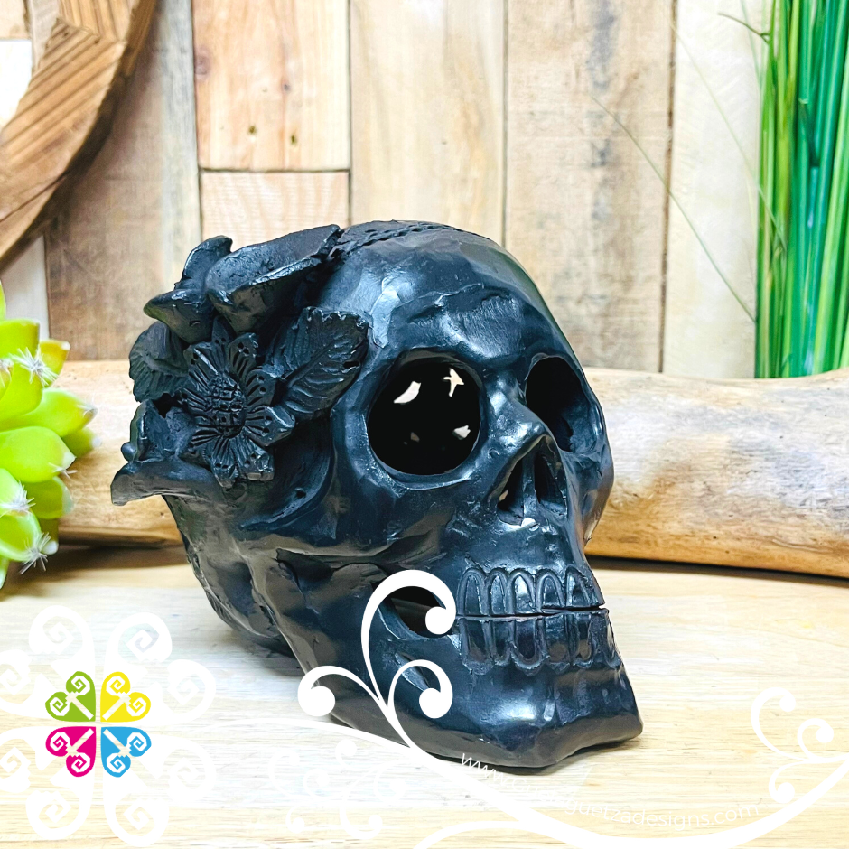 Medium Frida Skull  - Black Clay Oaxaca