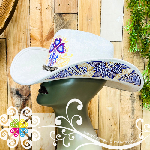 Beige Mitla Cowboy Velvet Hat - Hand Painted Hat