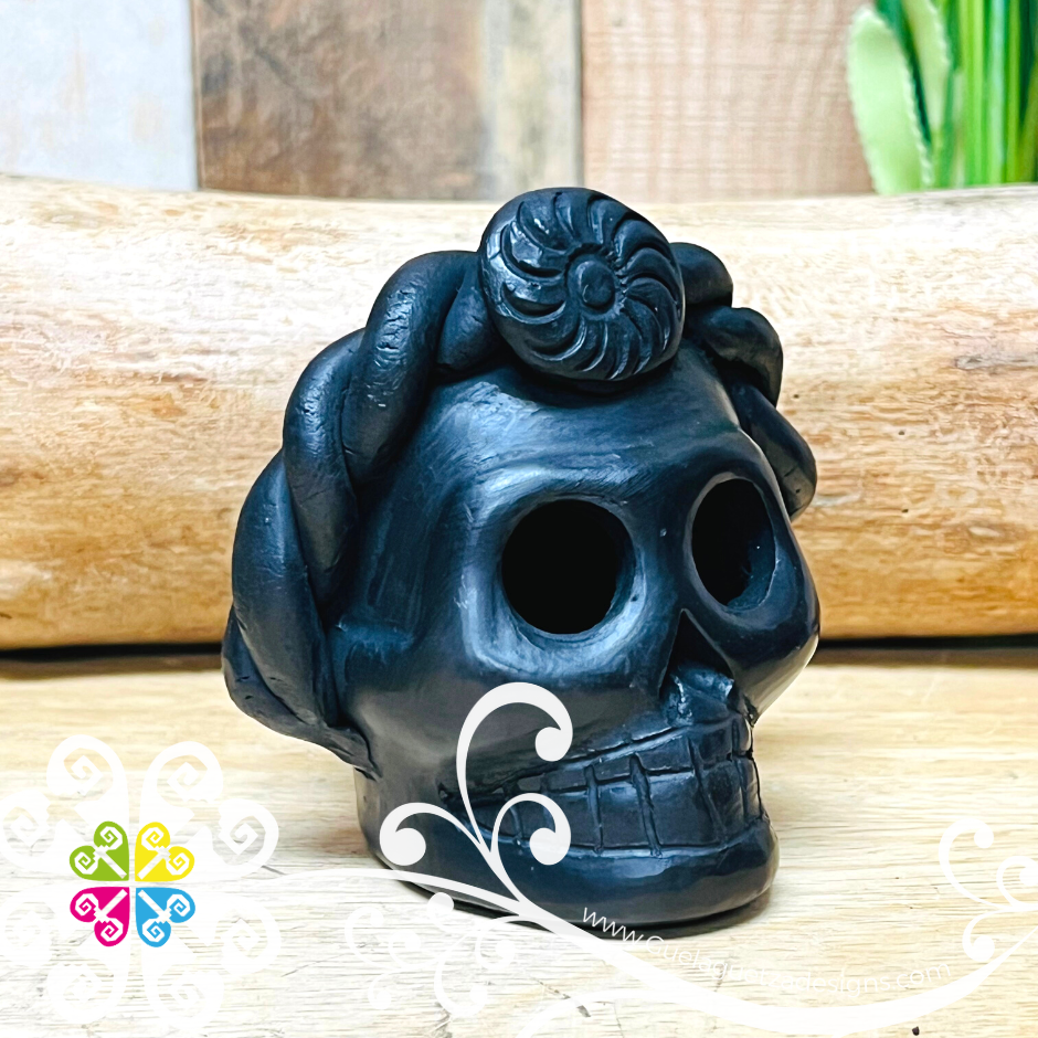 Mini Frida Black Clay Skull  - Barro Negro Oaxaca