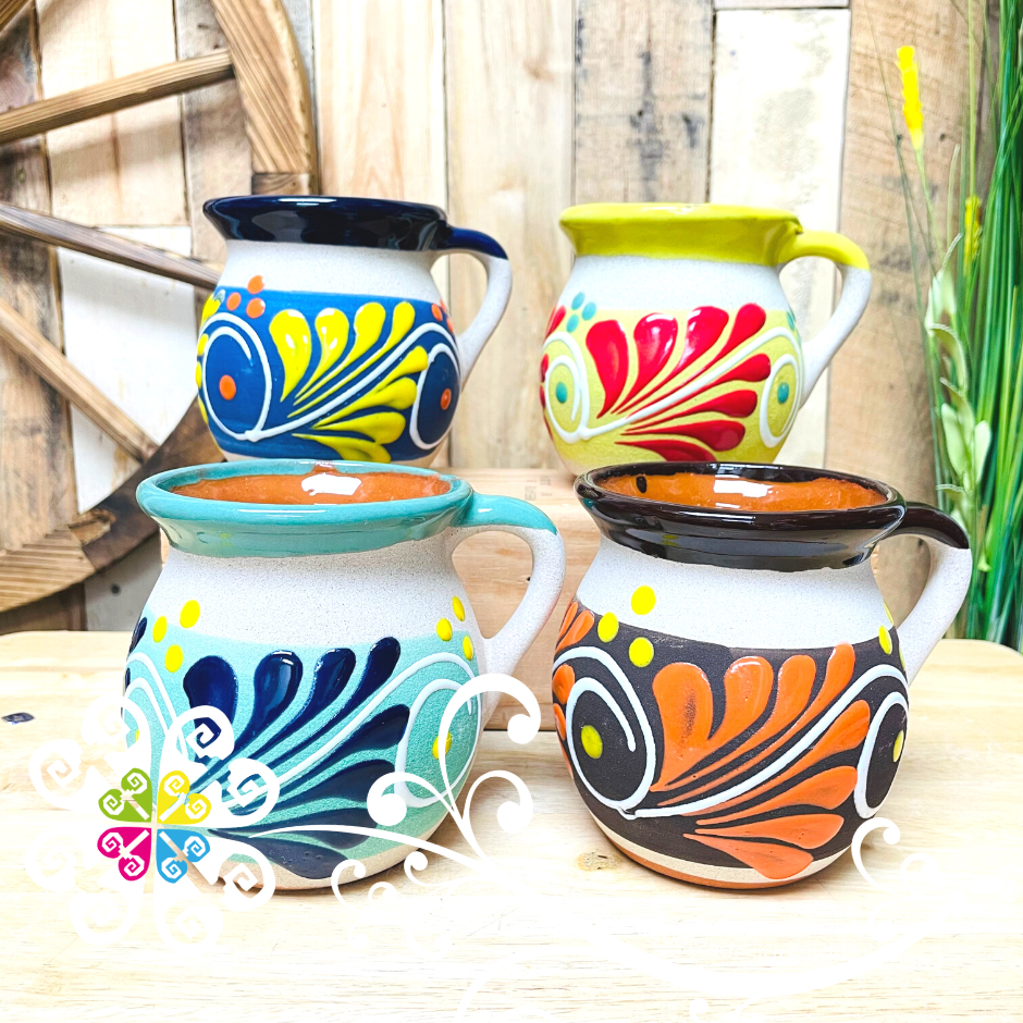 Set of 4 Feathered Decorated Mexican Clay Mugs - Set Taza Barro