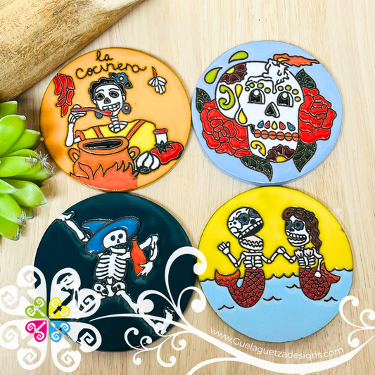 Set of 4 Round Day of the Dead Coaster Set -  Set of Clay Coasters