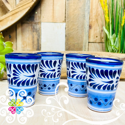 Set of 4 Blue Talavera Tequilero - Blue Feathers