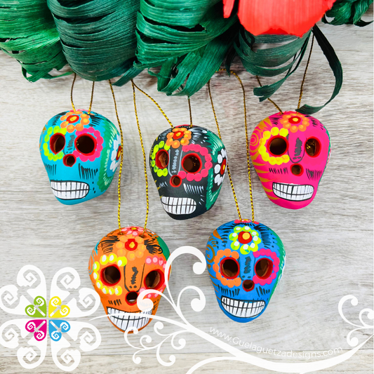 Set of 5 Mini Hand Painted Sugar Skull Ornaments - Calaverita Guerrero