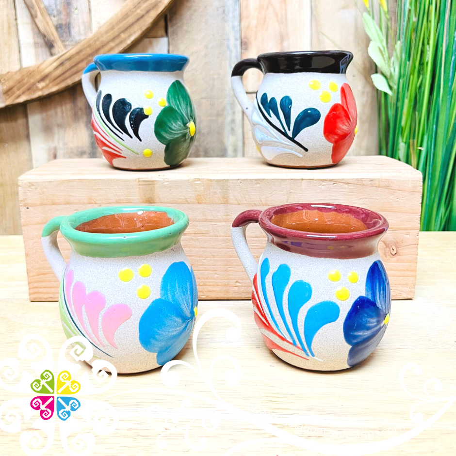 Set of 4 Small Mexican Flower Clay Mugs -  Set Taza Barro